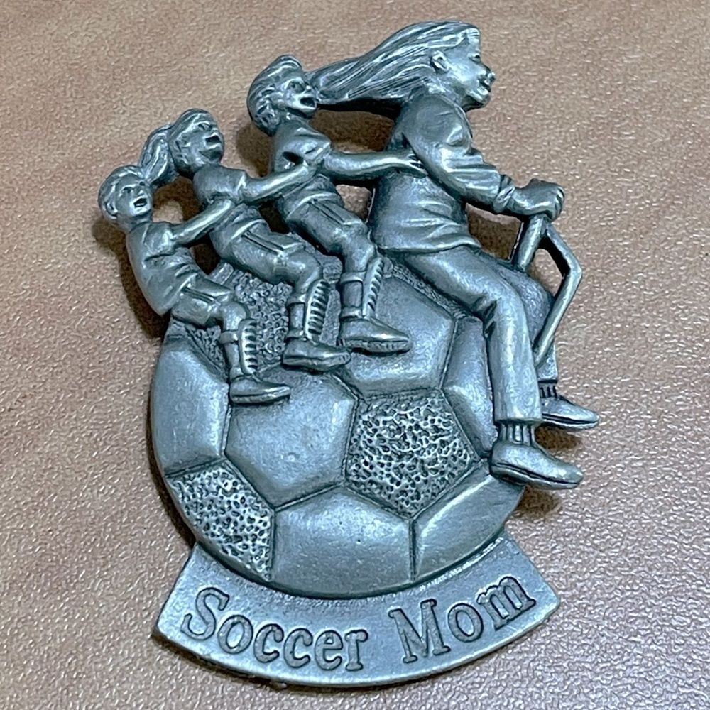 Spoontiques Soccer Mom Driving a Soccer Ball Pewter Brooch Pin Hat Charm Sporty